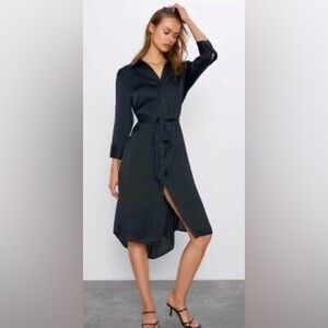 ZARA Satin Effect‎ Black Shirt Midi Dress size XS